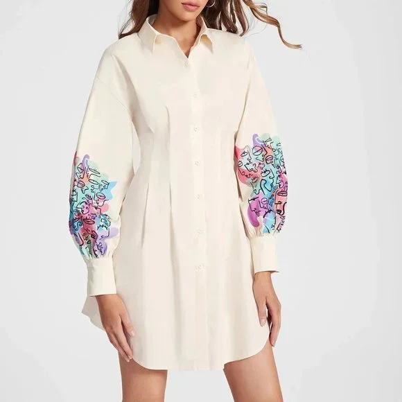 Beige Casual Womens Graphic Lantern Sleeve Fold Pleated Shirt Dress - Picture 5 of 5